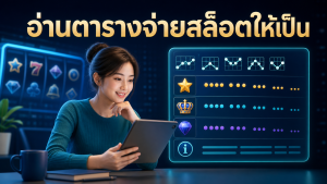 ภาพประกอบคู่มืออ่านตารางจ่ายสล็อตสำหรับมือใหม่ แสดงสัญลักษณ์และแนวการจ่ายบนหน้าจอ
